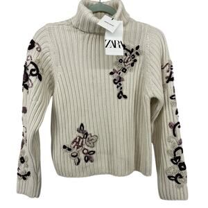 Zara Size M Sequin Turtleneck Sweater Limited Edition Embellished Embroidered